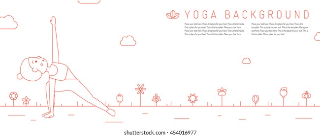 Yoga red background with young woman (girl) in Extended Side Angle pose and flowers. Clean and simple outline design.