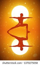 Yoga at red sunset. Vector conceptual illustration with silhouette of yogi in pose of warrior. Summer bright landscape with setting sun and flying fluff