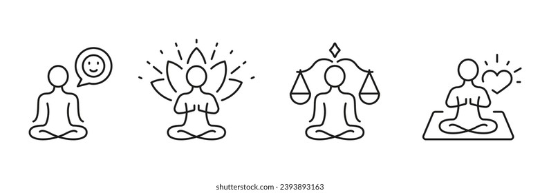 Yoga And Relax Line Icon. Meditation, Exercise For Wellness Outline Symbol. Healthy Lifestyle Linear Pictogram. Harmony, Balance. People In Lotus Pose. Editable Stroke. Isolated Vector Illustration.