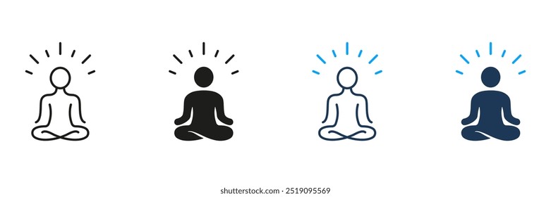 Yoga, Relax, Zen und Meditate Linie und Silhouette Icon Set. Person Sitzt im Lotus Pose Piktogramm. Wellness, Spirituelles Körperübungssymbol. Bearbeitbarer Strich. Isolierte Vektorgrafik.