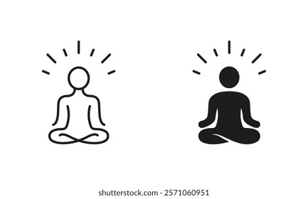 Yoga, Relax, Zen and Meditate Line and Silhouette Icon Set. Person Sit in Lotus Pose Pictogram. Wellness, Spiritual Body Exercise Symbol. Editable Stroke. Isolated Vector Illustration.