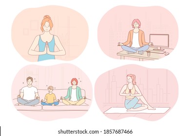 Yoga, relaxation, meditation, healthy active sport lifestyle concept. Young people families, men, women practicing yoga and meditating at home or in office during break. Fitness, relax, harmony, peace