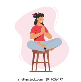 Yoga Relaxation, Tranquil Woman Meditating. Asian Female Character Sit in Lotus Posture with Hands front of Breast on Stool. Healthy Lifestyle, Relax, Emotional Balance. Cartoon Vector Illustration