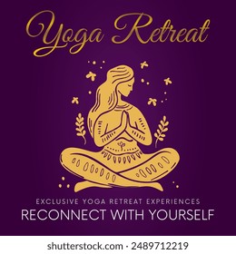 Yoga retreat banner with meditative figure of woman. Header template, perfect for post in social media or web site. Invitation for retreat event.