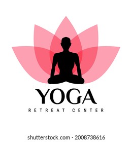 Yoga retreat center emblem. Lotus flower and yogi sitting in lotus position. Vector illustration.