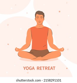 Yoga retreat. Man meditating, practicing yoga. Vector illustration.