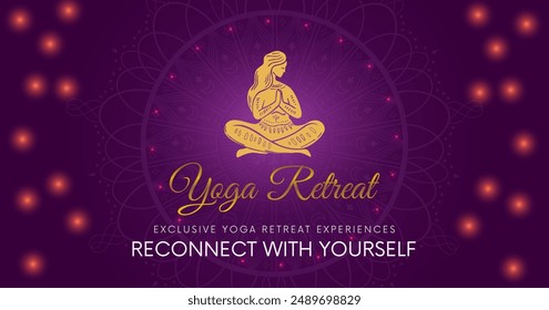 Yoga retreat poster with meditative figure of woman. Header template, perfect for post in social media or web site. Invitation for retreat event.