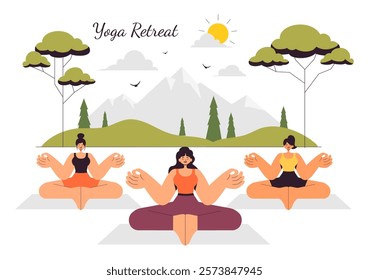 Yoga Retreat Vector Illustration Featuring Activities to Escape Your Daily Routine, Including Meditation, Yoga and Breathing Exercises in a Background