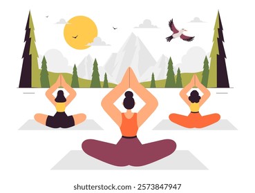 Yoga Retreat Vector Illustration Featuring Activities to Escape Your Daily Routine, Including Meditation, Yoga and Breathing Exercises in a Background