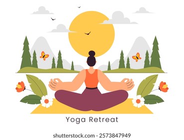 Yoga Retreat Vector Illustration Featuring Activities to Escape Your Daily Routine, Including Meditation, Yoga and Breathing Exercises in a Background