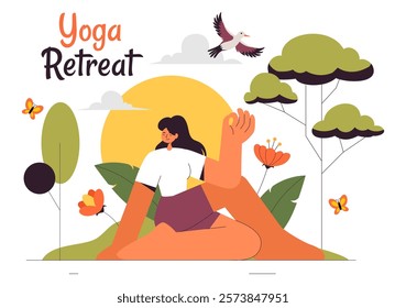 Yoga Retreat Vector Illustration Featuring Activities to Escape Your Daily Routine, Including Meditation, Yoga and Breathing Exercises in a Background