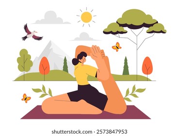 Yoga Retreat Vector Illustration Featuring Activities to Escape Your Daily Routine, Including Meditation, Yoga and Breathing Exercises in a Background