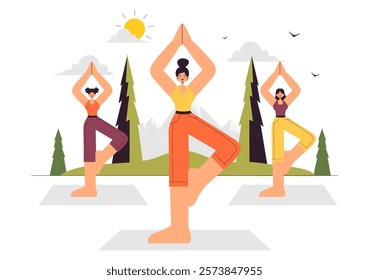 Yoga Retreat Vector Illustration Featuring Activities to Escape Your Daily Routine, Including Meditation, Yoga and Breathing Exercises in a Background