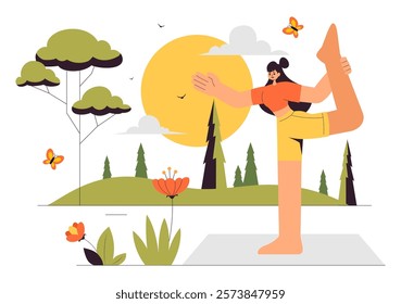 Yoga Retreat Vector Illustration Featuring Activities to Escape Your Daily Routine, Including Meditation, Yoga and Breathing Exercises in a Background