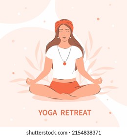 Yoga retreat. Woman meditating, practicing yoga. Vector illustration.