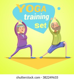 Yoga retro cartoon with happy seniors making workout vector illustration
