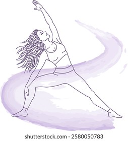 Yoga Reverse Warrior Pose Line Art with Purple Watercolor Accent