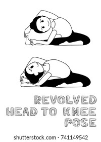 Yoga Revolved Head to Knee Pose Cartoon Vector Illustration Monochrome