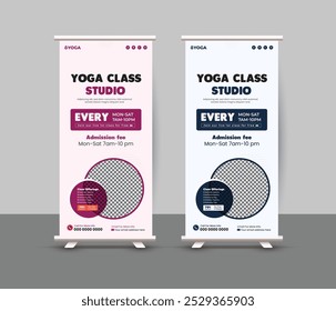 Yoga roll-up banner template designed to promote yoga classes with a clean, modern layout.