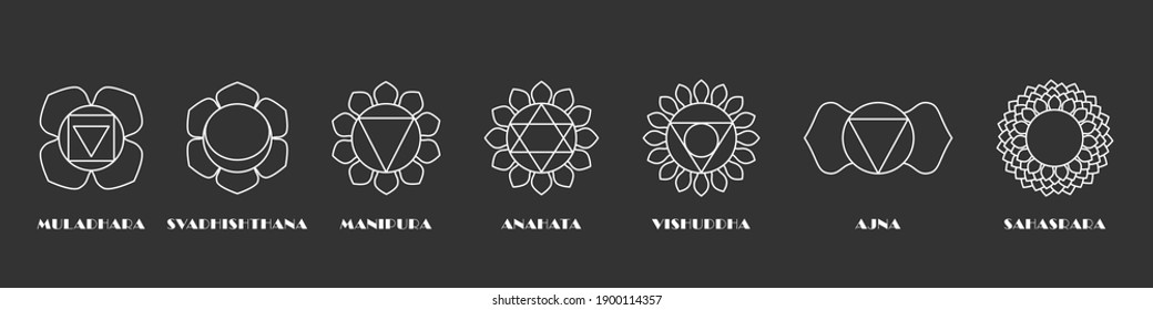 Juego de chakras sacrales de yoga. La energía esotérica muladhara y la naturaleza de la salud luz anahata sanación espiritual svadhisthana con rayos de calentamiento de la mente manipura hecha con líneas blancas en el espacio vectorial negro.