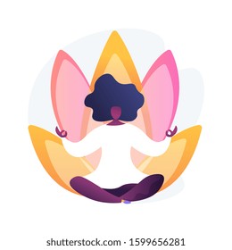 Yoga school instructor. Meditation practice, relaxation techniques, body stretching exercises. Female yogi in lotus pose. Spiritual balance guru. Vector isolated concept metaphor illustration