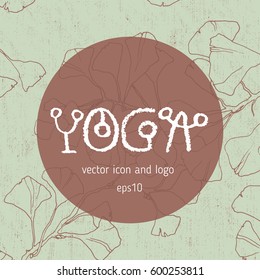 yoga school lettering, floral linear logo design, line yoga badge. Graphic design element in contour for creation of banner for spa center of yoga school studio.
