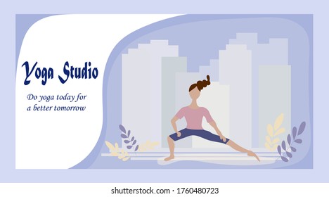 Yoga school web page template, studio. Woman doing yoga exercises on the background of the big city. Modern flat design. The concept of a healthy lifestyle and sport. Vector illustration