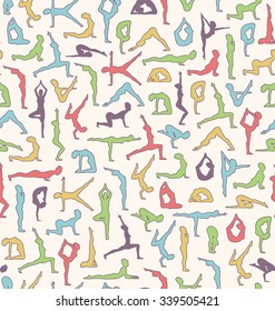 Yoga Seamless Pattern with Asanas Poses Isolated on Beige Background