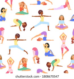 Yoga seamless pattern, beautiful girls body, fitness training, design cartoon style vector illustration, isolated on white. Active lifestyle, stretching exercise, pose for relaxation, workout in gym.