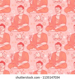 Yoga seamless pattern with Buddha and lotus isolated on pink. Ethnic vintage abstract endless background. Vector.