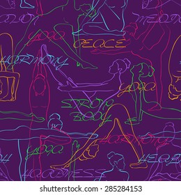 Yoga seamless pattern with colorful silhouettes of women and text on a purple background.