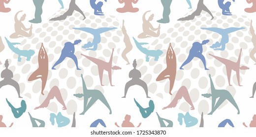 Yoga nahtloses Muster. Internationaler Yoga-Tag. Frauen machen Yogastellung. Frauen haben Silhouetten gesetzt. Vector-Abbildung.