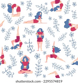 Yoga seamless pattern woman is engaged. Yoga poses, lotus, monstera, leaves, paisley ornament, lettering. Health of mind and body