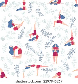 Yoga seamless pattern woman is engaged. Yoga poses, lotus, monstera, leaves, paisley ornament, lettering. Health of mind and body