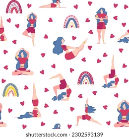 Yoga seamless pattern woman is engaged. Yoga poses, lotus, monstera, leaves, paisley ornament, lettering. Health of mind and body