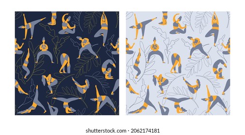 Yoga seamless pattern. Women do yoga position. Women silhouettes set. Vector illustration