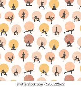 Yoga seamless pattern.Healthy lifestyle. World Health Day. Surface design with yoga class with people meditating and doing exercise.