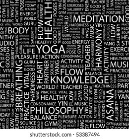 YOGA. Seamless vector background. Wordcloud illustration.