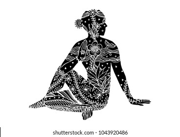 yoga Seated Half Spinal Twist pose 7 chakra vector flower floral leaf hand drawing zentangle illustration design (Ardha Matsyendrasana)