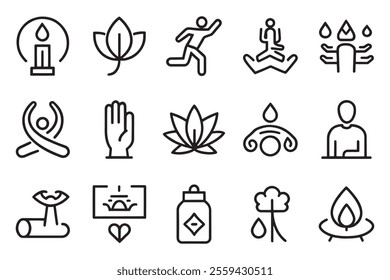 
Yoga, self care, culture editable stroke outline icons set isolated flat vector illustration on white background