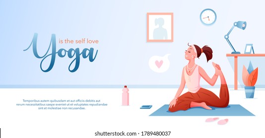 Yoga is self love concept flat vector illustration. Landing page design template with cartoon happy girl character loving yourself, doing yoga asana pose, healthy exercises to take care of body health