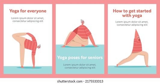 Yoga for Seniors Cartoon Banners. Elderly Female Character Asana Poses. Old Lady Practice Meditation and Stretching. Aged Woman Emotional Balance, Harmony, Healthy Lifestyle. Vector Posters