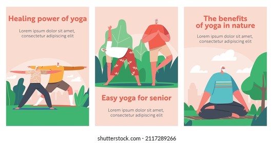 Yoga for Seniors Cartoon Banners. Old Male and Female Characters Meditation in Green City Park. Elderly People Active Healthy Lifestyle, Sports Activities, Retirement Concept. Vector Posters