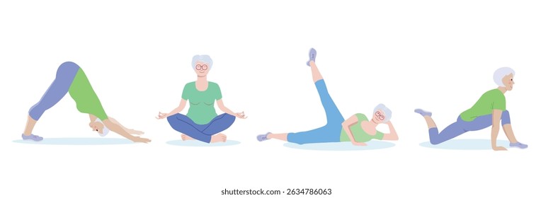 Yoga for Seniors. The concept of active old age, sports, and yoga. Day of the elderly. Flat cartoon illustration. Healthy elderly woman make sport stretch. Vector illustration isolated on white.