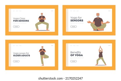 Yoga for Seniors Landing Page Template Set. Elderly Male Character Practice Asana and Meditation. Old Man Healthy Lifestyle, Relaxation, Emotional Balance, Harmony. Cartoon People Vector Illustration