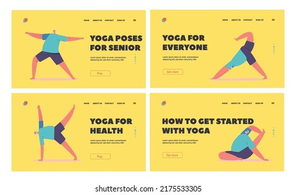 Yoga for Seniors Landing Page Template Set. Old Man in Yoga Asana Poses. Elderly Male Character Practice Healthy Lifestyle, Relax, Meditating in Different Postures. Cartoon People Vector Illustration