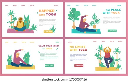 Yoga for seniors vector set of website templates. Different elderly people doing yoga on mats surrounded with plants. Flat design.