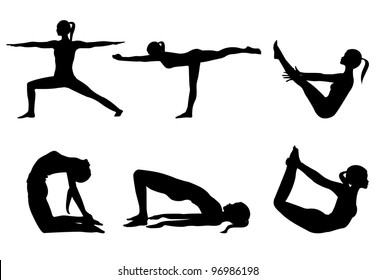 Yoga series silhouettes 3, six poses isolated on white