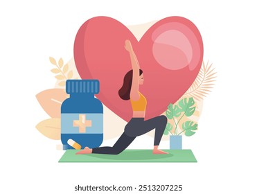 Yoga session concept with people scene in the flat cartoon style. Woman practicing yoga pose with big heart and medicine bottle in background promoting wellness and self care. Vector illustration.