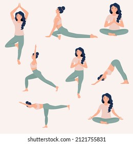 Yoga set of 8 poses, woman in sport wear doing different asanas, vector illustration